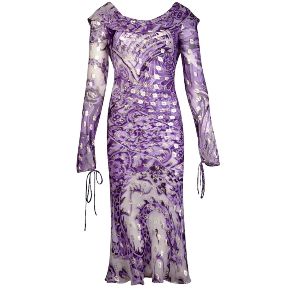 ROBERTO CAVALLI CHINOISERIE DRAGON PRINTED BACKLESS MIDI DRESS 2005 - Picture 5 of 8